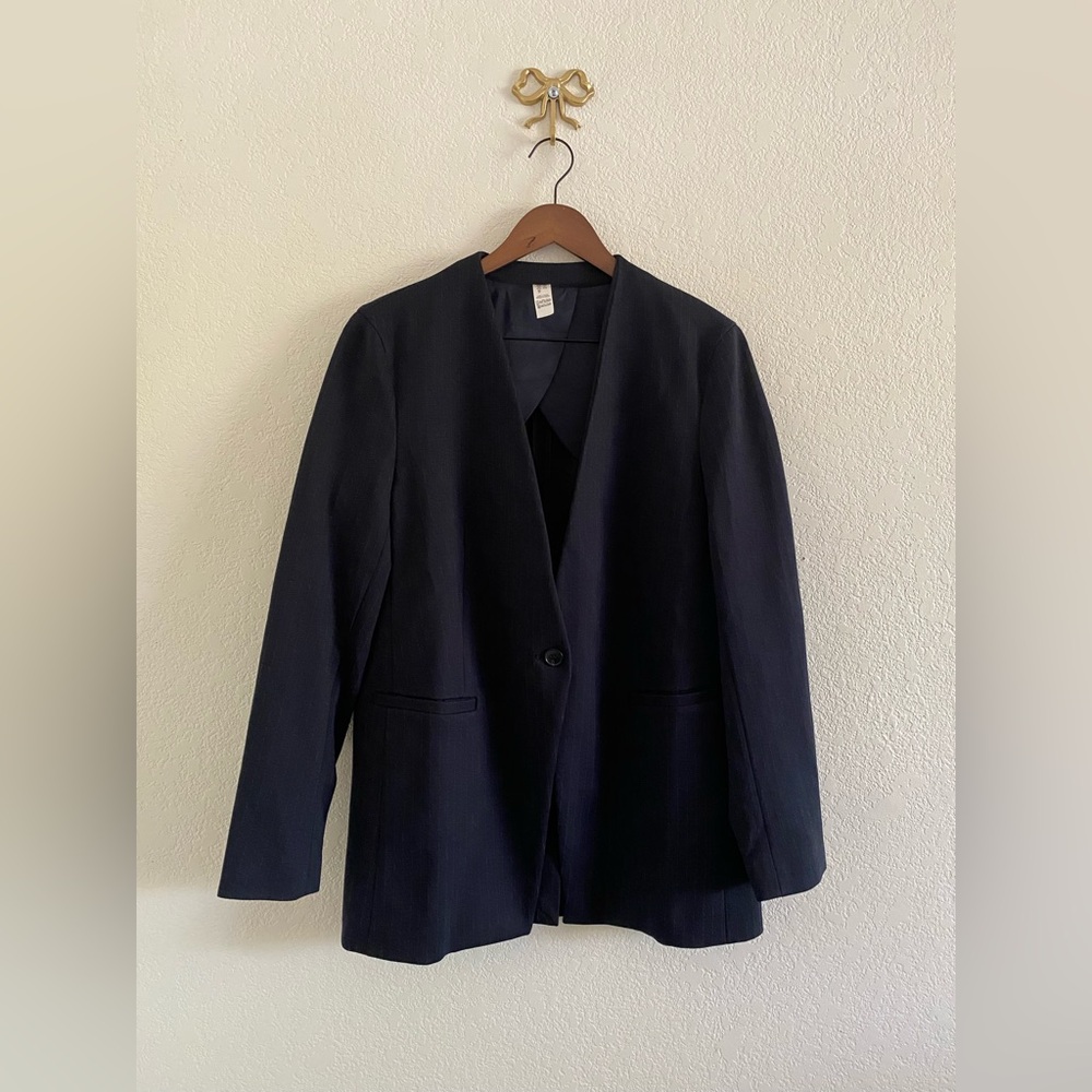 Spanx Women’s The Perfect Collarless Oversized Blazer Sz M Navy Jacket #20384R